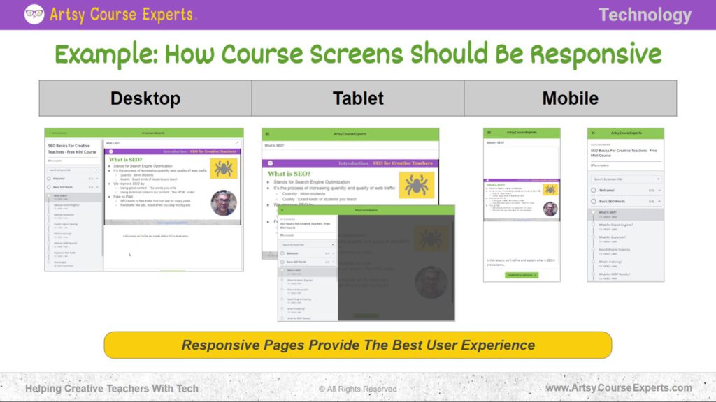 Slide that explains an example of How Course Screens Should Be Responsive such as Desktop, Tablet and Mobile Sizes.