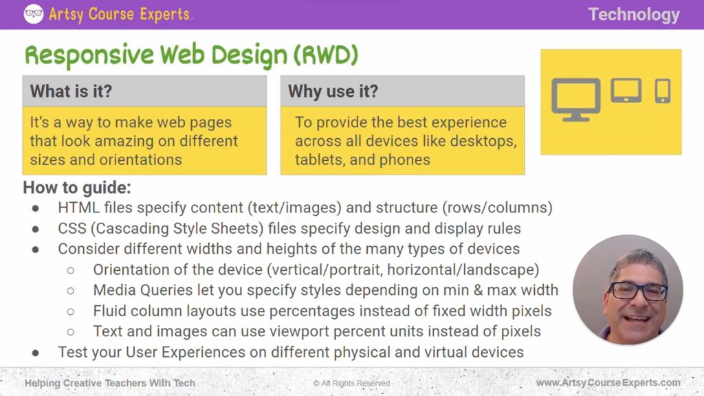 Slide that explains what Responsive Web Design means and how creative teachers can use it.